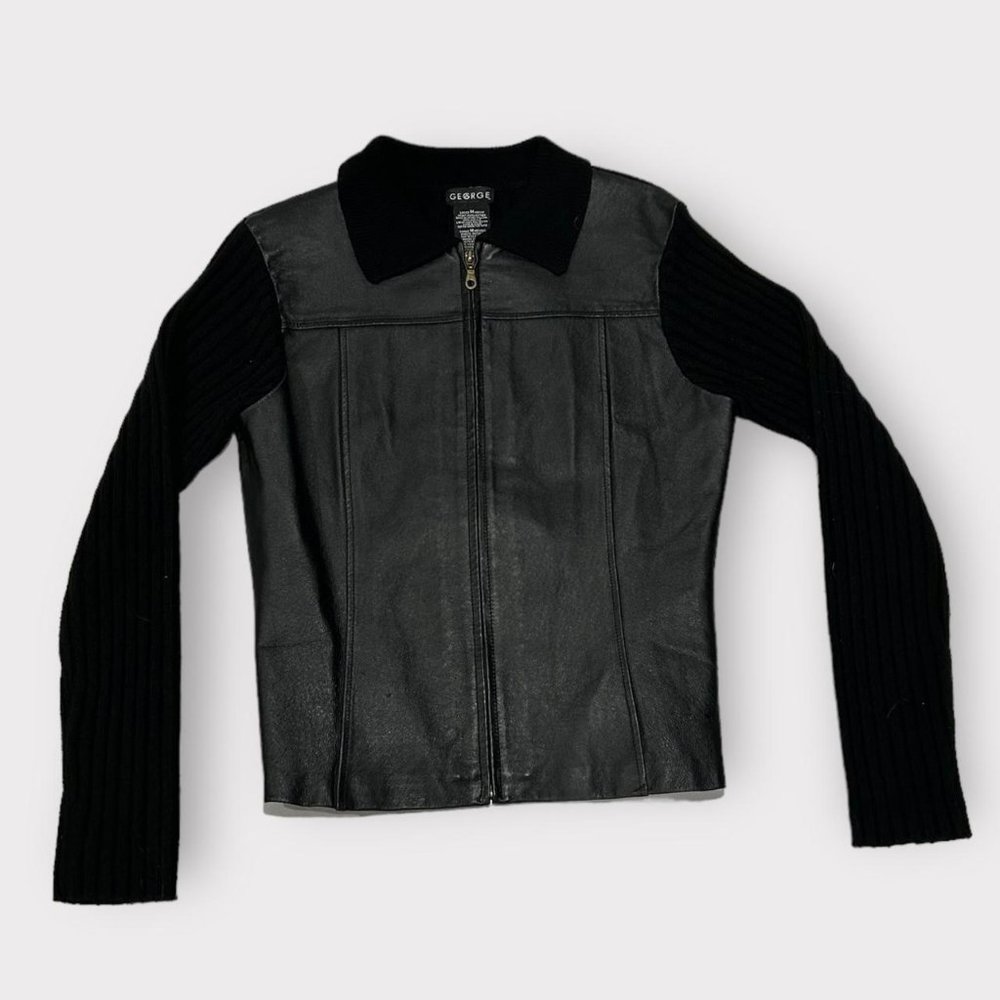 Vintage 1990s black knit zip-up collar sweater with leather paneling on front